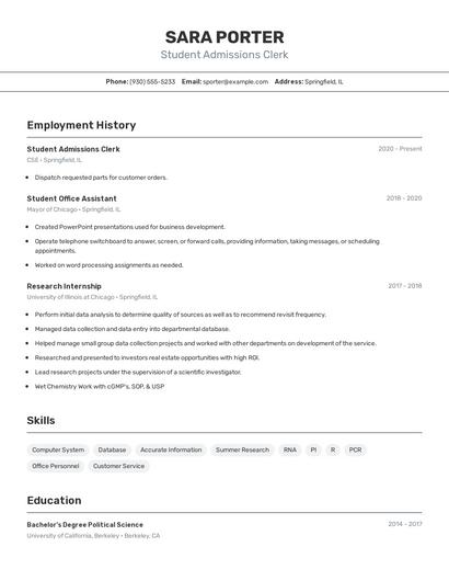 Student Admissions Clerk Resume