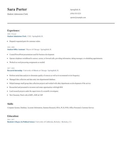 Student Admissions Clerk Resume