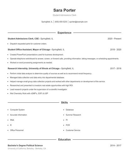 Student Admissions Clerk Resume