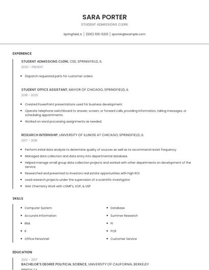 Student Admissions Clerk Resume