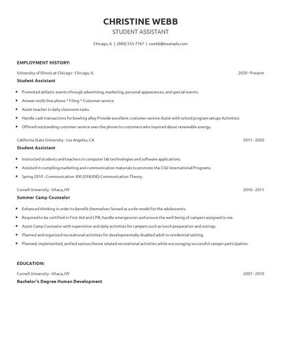 Student Assistant Resume