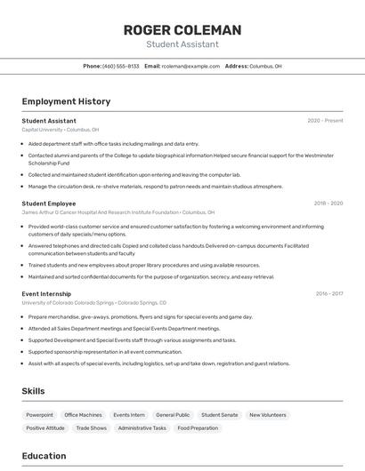 Student Assistant Resume
