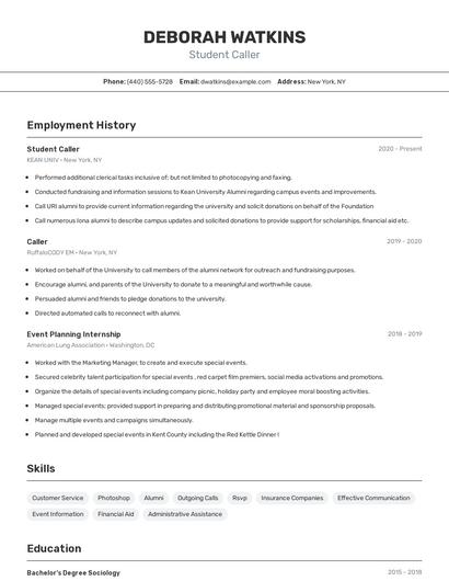 Student Caller Resume