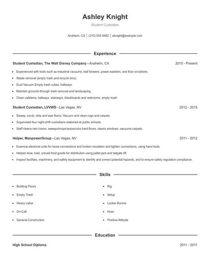 Student Custodian Resume