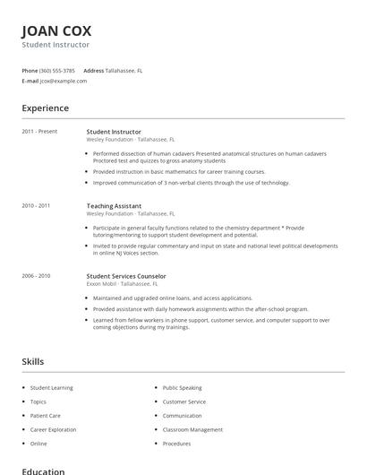 Student Instructor Resume