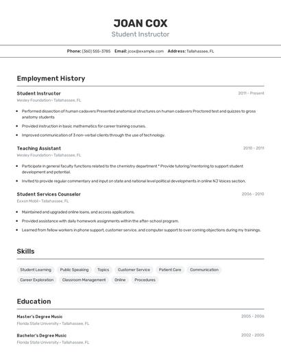 Student Instructor Resume