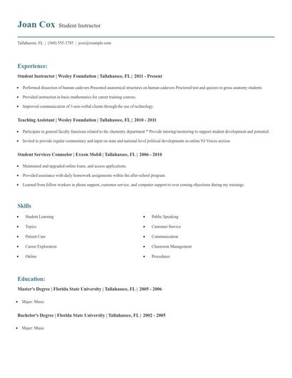 Student Instructor Resume