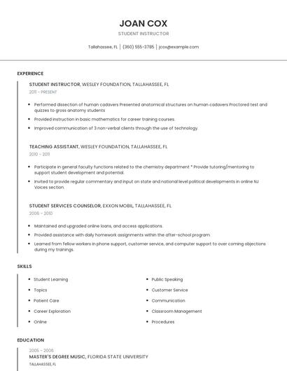 Student Instructor Resume