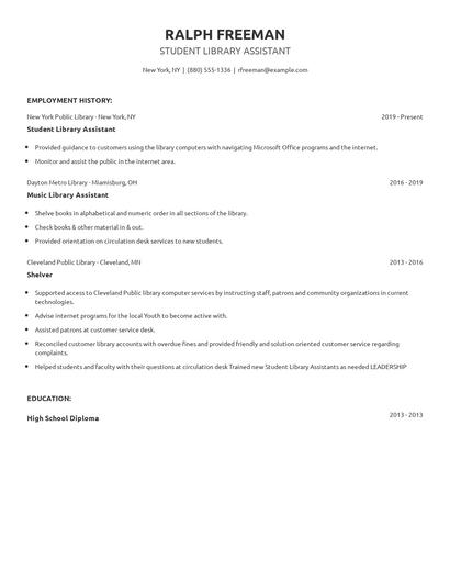 Student Library Assistant Resume