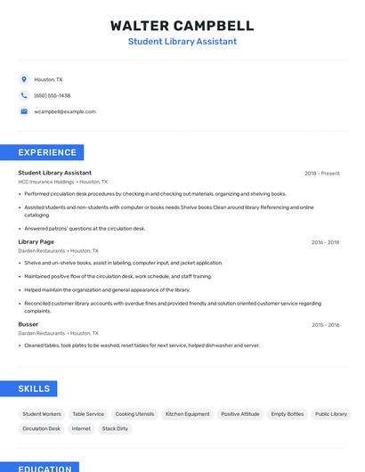Student Library Assistant Resume