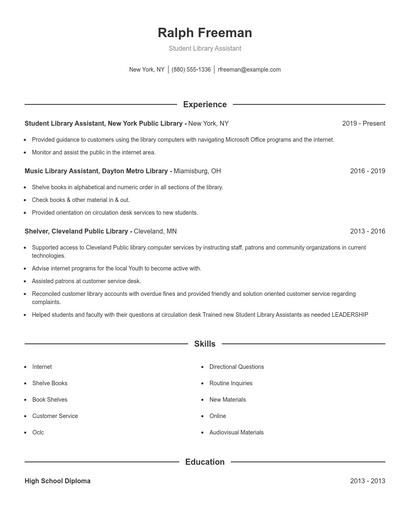 Student Library Assistant Resume