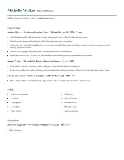 Student Observer Resume