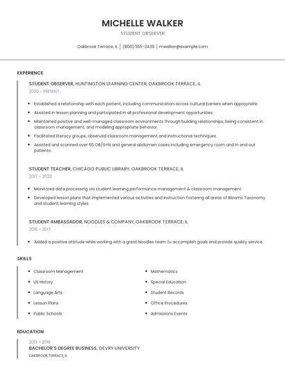 Student Observer Resume