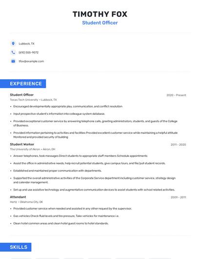 Student Officer Resume