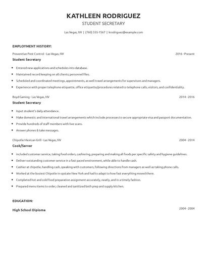 Student Secretary Resume