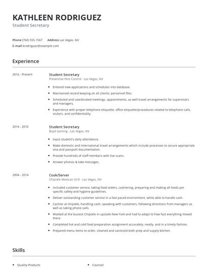 Student Secretary Resume