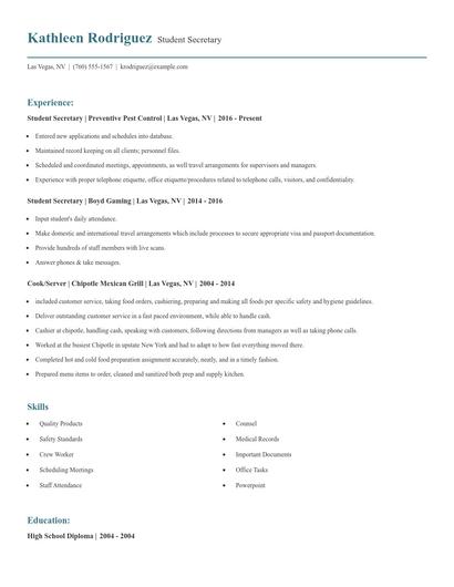 Student Secretary Resume