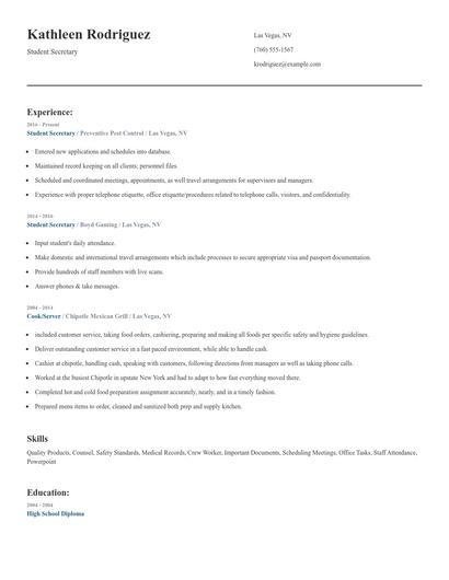 Student Secretary Resume