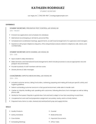 Student Secretary Resume