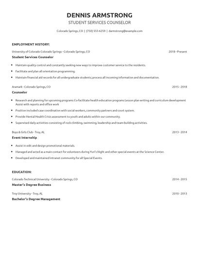 Student Services Counselor Resume