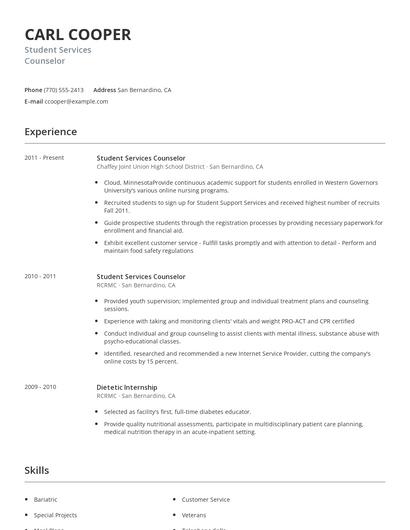 Student Services Counselor Resume