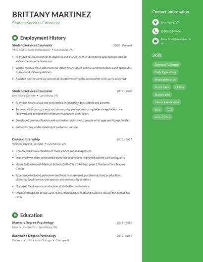 Student Services Counselor Resume
