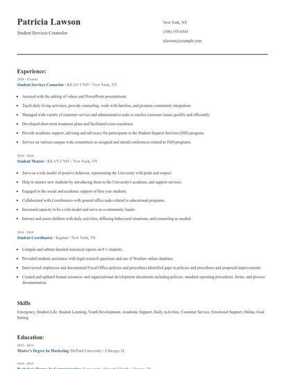 Student Services Counselor Resume