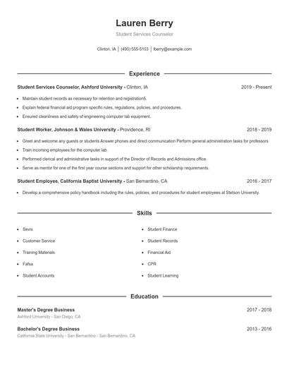 Student Services Counselor Resume