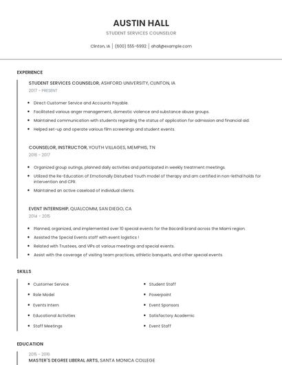 Student Services Counselor Resume