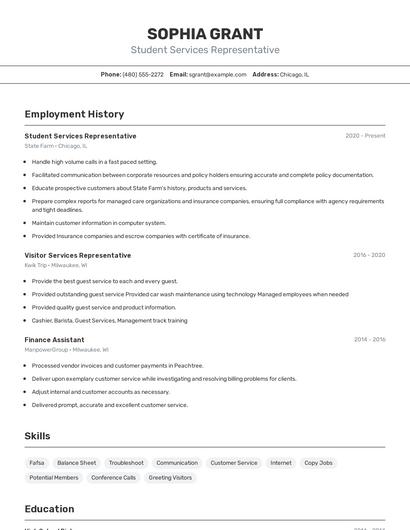 Student Services Representative Resume