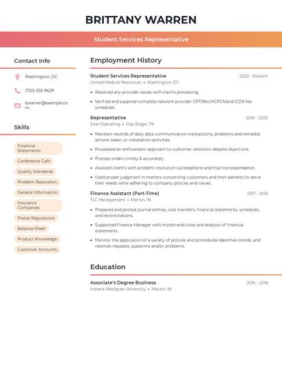 Student Services Representative Resume