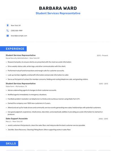 Student Services Representative Resume