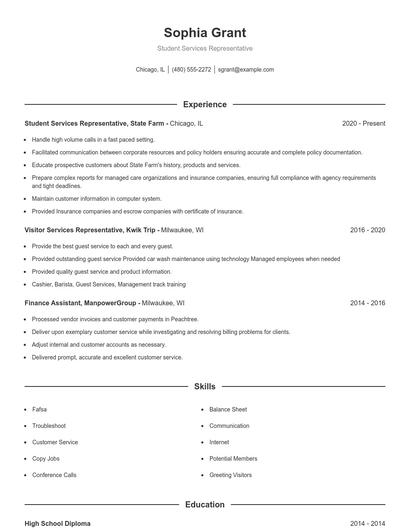 Student Services Representative Resume