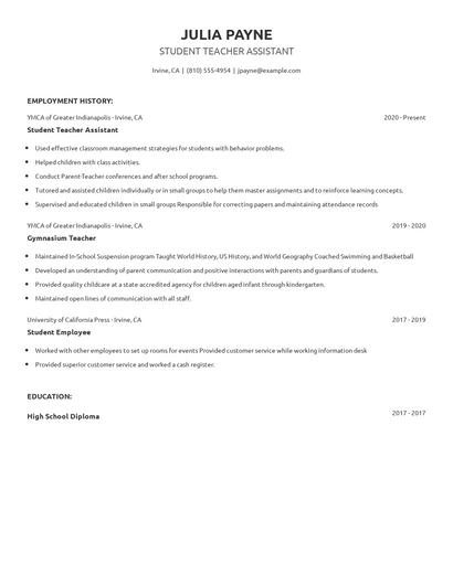 Student Teacher Assistant Resume