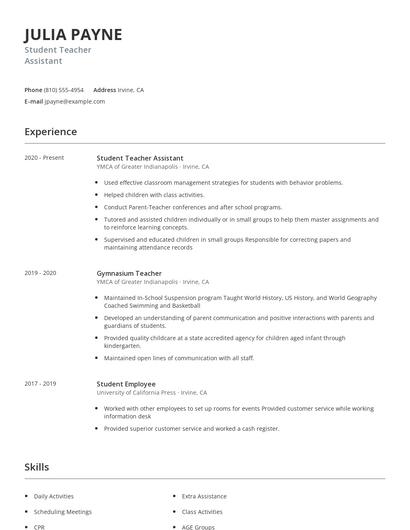 Student Teacher Assistant Resume