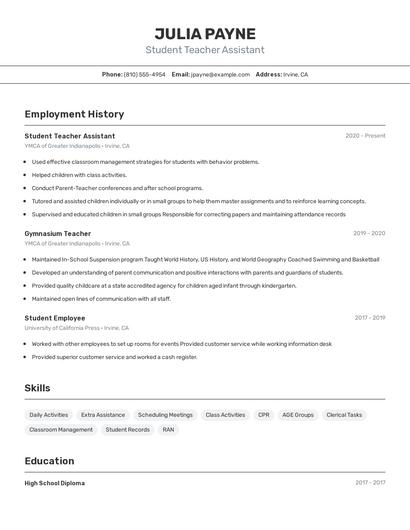 Student Teacher Assistant Resume