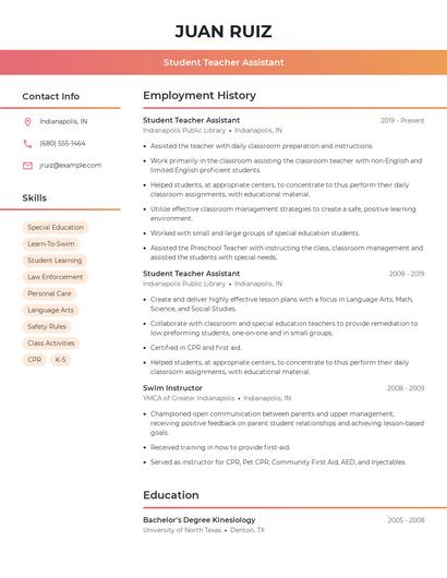 Student Teacher Assistant Resume