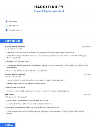 Student Teacher Assistant Resume