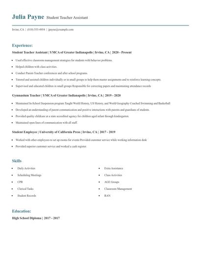 Student Teacher Assistant Resume