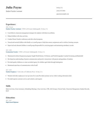Student Teacher Assistant Resume