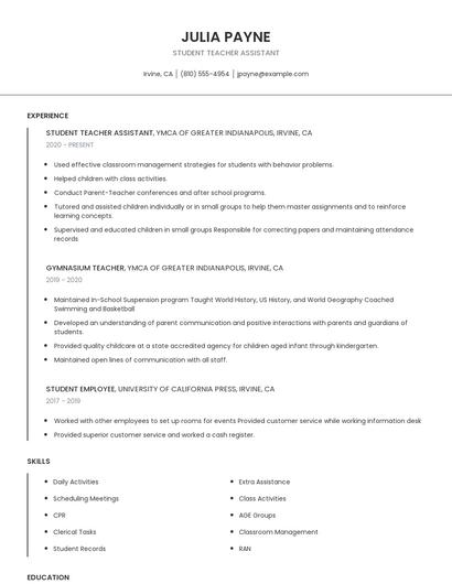 Student Teacher Assistant Resume