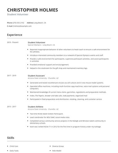 Student Volunteer Resume