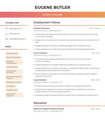 Student Volunteer Resume