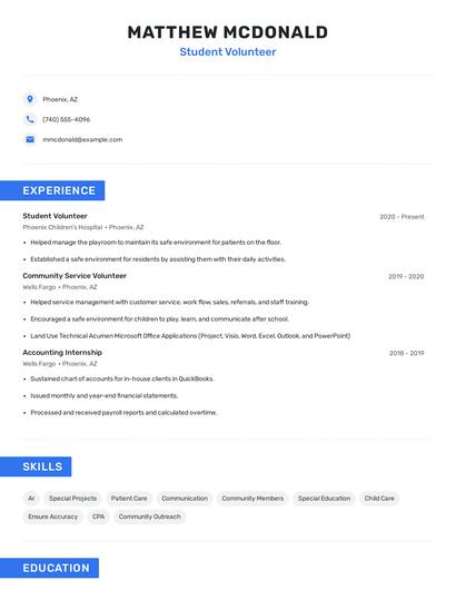 Student Volunteer Resume