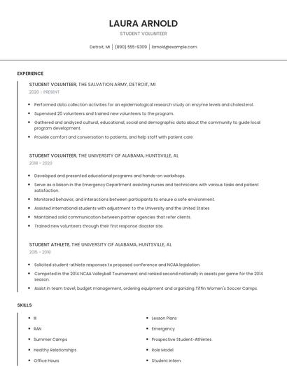 Student Volunteer Resume