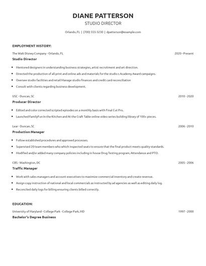 Studio Director Resume