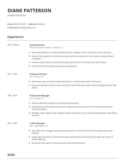 Studio Director Resume