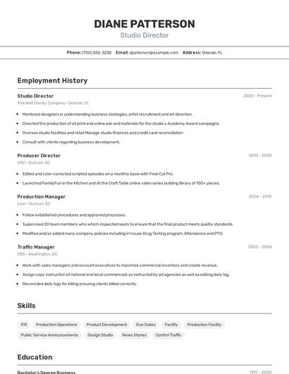 Studio Director Resume