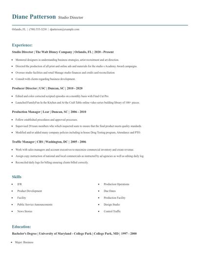 Studio Director Resume