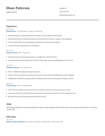 Studio Director Resume